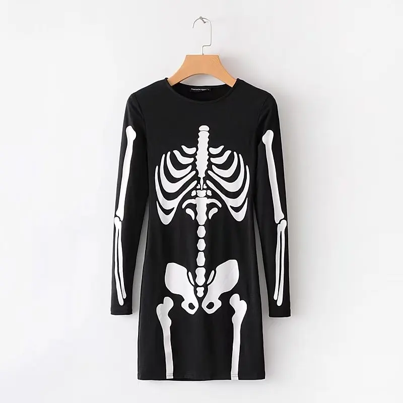 

Harajuku Skull print Vintage Black Halloween straight dress Autumn Casual long sleeve Women Mini dresses female vestidos T778