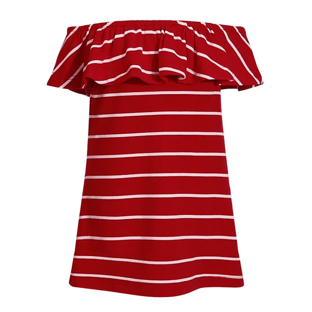 Одинаковая одежда для семьи; платье для мамы и дочки; красное Полосатое мини-платье с открытыми плечами; Повседневный Сарафан с оборками и вырезом - Цвет: Mom