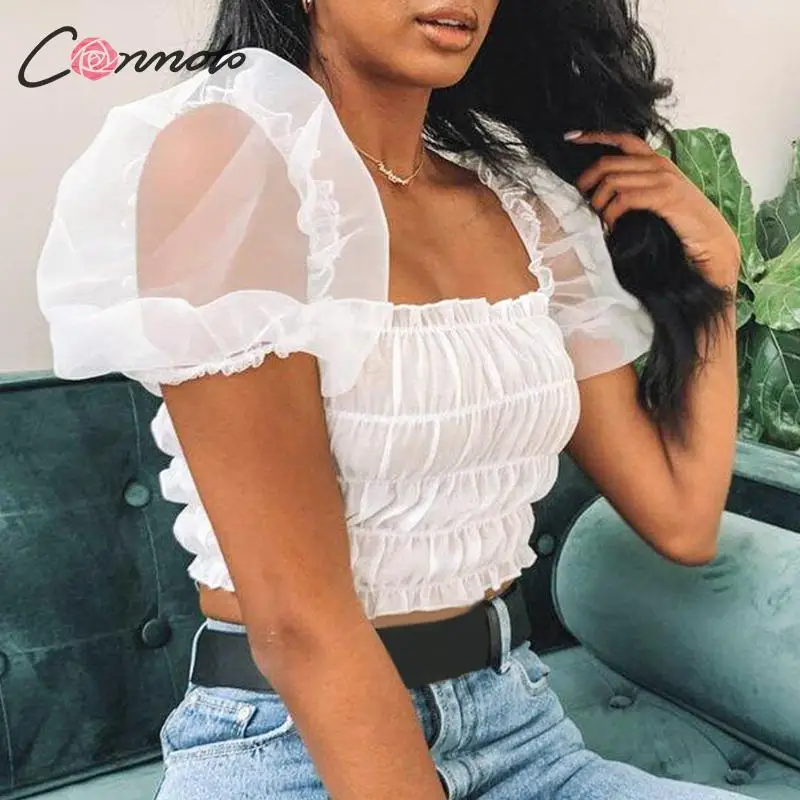 

Conmoto Short Sexy White Blouse Mesh Women Crop Top Blouse Shirt Puff Sleeve Blouse Shirts Winter 2019 Casual Blusa Mujer
