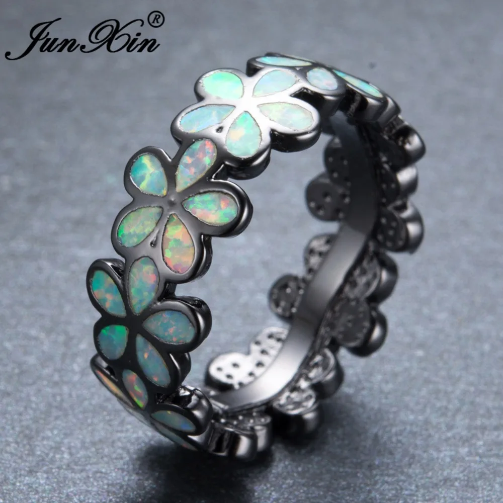 JUNXIN Fashion Black Gold Filled Rings For Women Rainbow Fire Opal Daisy Flower Ring Unique Birthstone Jewelry Mother's Day Gift