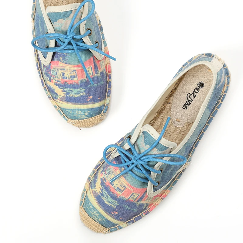 2019 women spring summer camouflage print espadrilles, lace up flat espadrilles