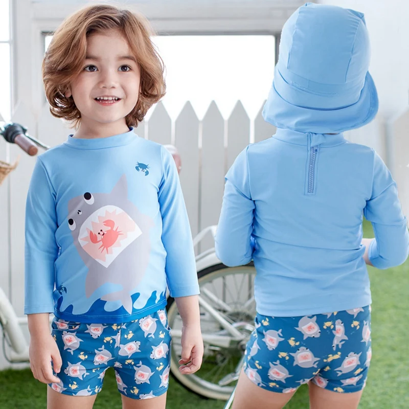UPF50+ одежда для купания детские раздельные купальные костюмы из двух предметов для мальчиков синий купальный костюм с акулой для детей, купальные костюмы для детей