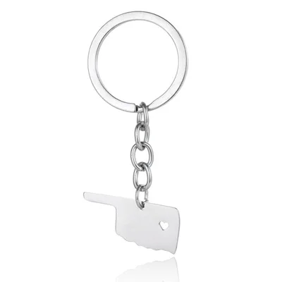 

New Oklahoma Map Keychains Silver Color Stainless Steel Oklahoma Map Heart Key Chains Map Memorial Jewellery