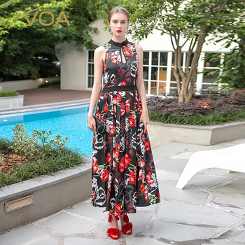

VOA Silk Jacquard Sexy Hollow Out Plus Size Floral Print Party Long Dress Summer Sleeveless Ribbon Boho Women Dress ALX07901