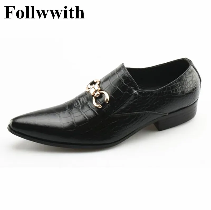 

2019 New Arrival Black Alligator Leather Metal Buckle Pointed Toe Men Casual Shoes Follwwith Brand Flats Slip On Men Shoes