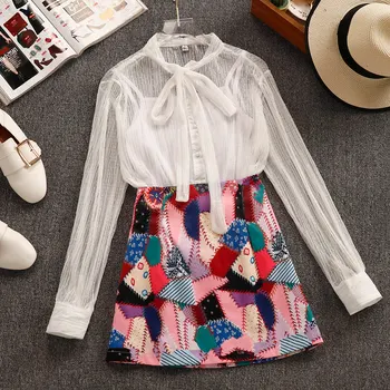 

New Spring Summer Fashion Women's Sets Hollow Out Gauze Top + Small Lining + Print Short A-line Skirts Students Suits