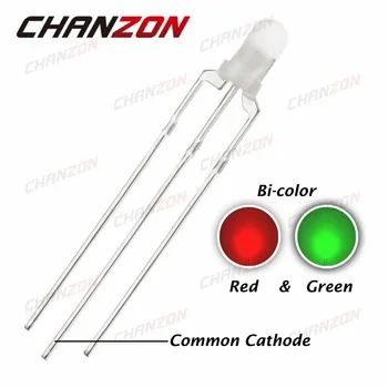 CHANZON 100pcs LED 3mm Diffused Common Cathode Green And Red 3 Pin Round 3 mm Bi-Color LED Through Hole Light-Emitting Diode