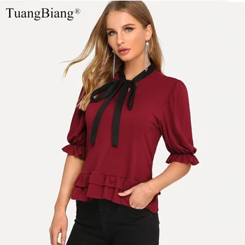 

Ladies 2019 Summer Ruffles Lace up Burgundy Shirts Half Petal Sleeve Bow V-Neck Female Blouse Autumn Pleated Women Cotton Tops