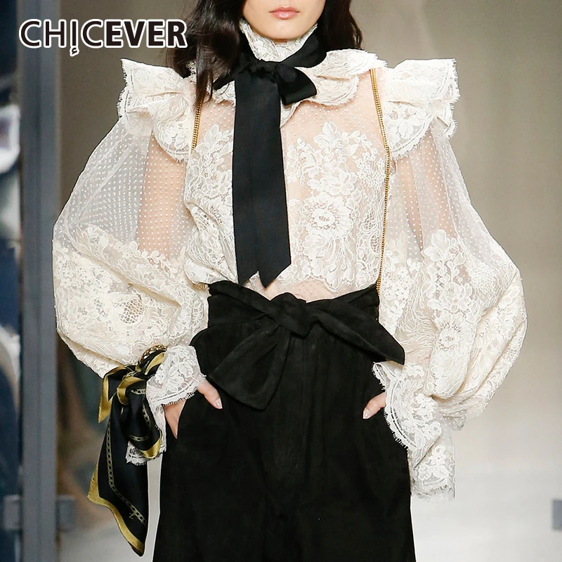 CHICEVER Lace Patchwork Sexy Perspective Blouse Women Lantern Sleeve Bandage Bow Shirt Top Female Fashion New Korean 2019 Autumn