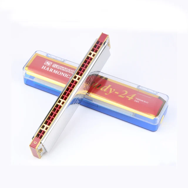 Cheap 24 Holes Harmonica C Tone Tremolo Harmonica Sliver and Red Mouth Organ 
