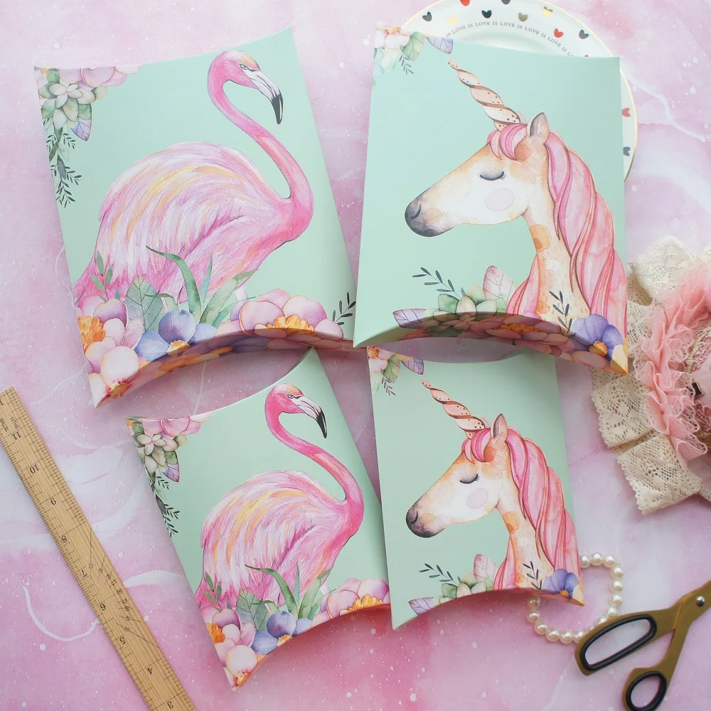 

2 Size Mint Green Flamingo Unicorn Pillow Paper Box Christmas Wedding Party Birthday Decoration Candy Chocolate Packaging