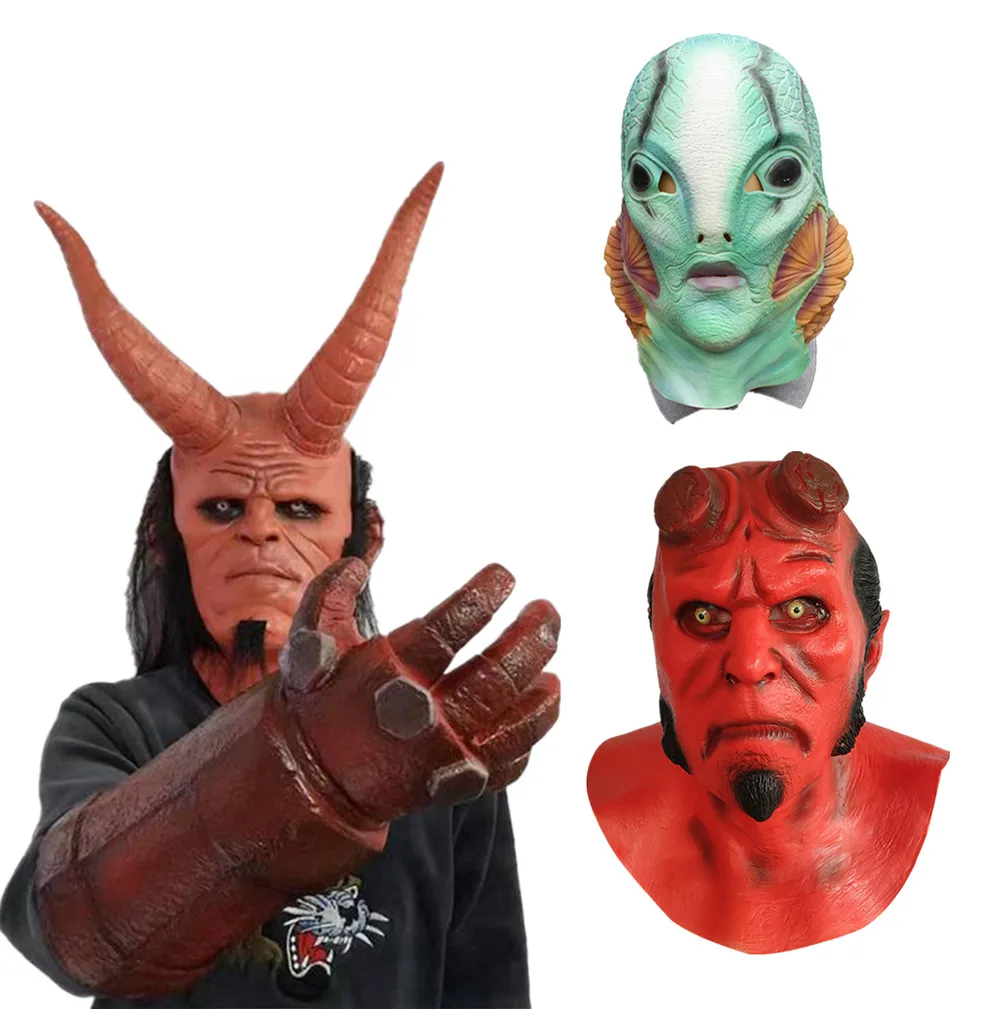 

Cosplay Hellboy Latex Mask Hand of hell Gloves Hellboy: Rise of the Blood Queen Props Halloween Horror Headgear Gloves Costumes