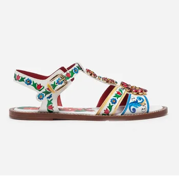 

2019 Tribal Fashion Floral Printing Flat Sandals Summer Women Beading Flower Beach Shoes for Vacation