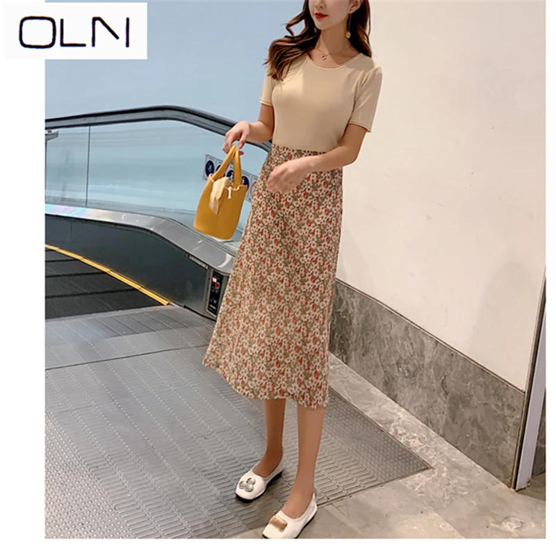 

Skirt summer OLN Korean version Vestidos Short-sleeved loose chiffon shirt female slim mesh gauze dress two-piece suit