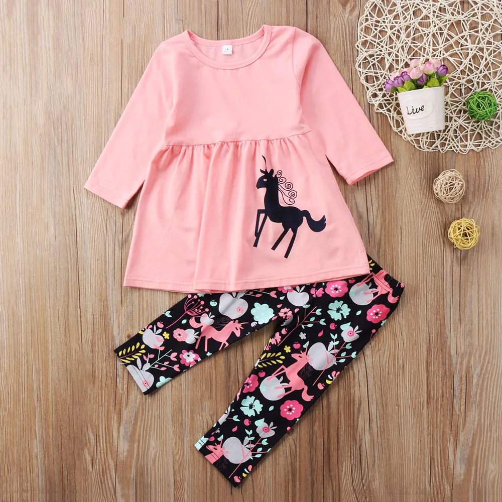 Милый комплект одежды для маленьких девочек; топы с длинными рукавами с единорогом+ штаны с цветочным принтом; комплект одежды из 2 предметов