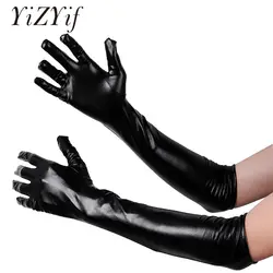 Черные взрослые эластичные блестящие длинные перчатки Wetlook лакированная кожа полный палец перчатки блестящие металлические вечернее