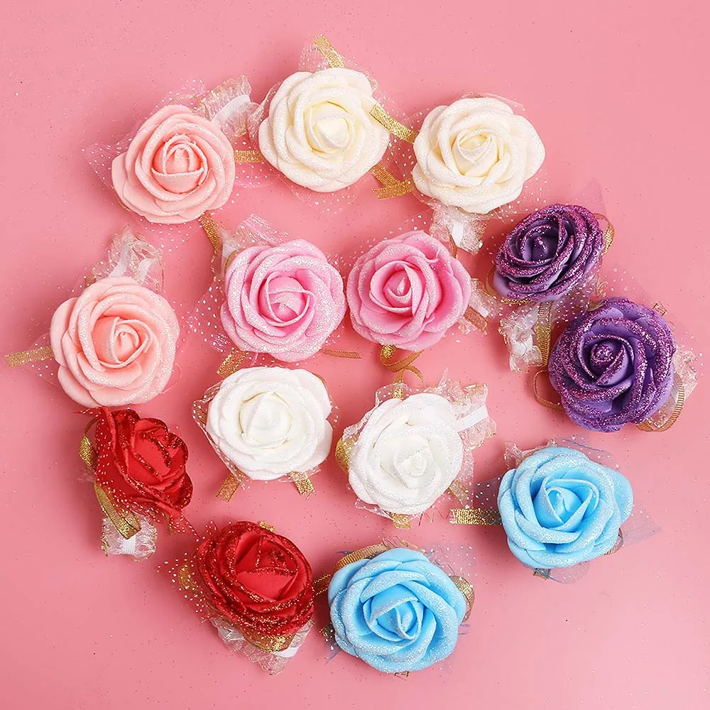 

6pcs Colorful High Quality Rose Wrist Corsage Ribbon Flower Wedding Party Bridesmaid Hand Craft Flower Wedding Decoration