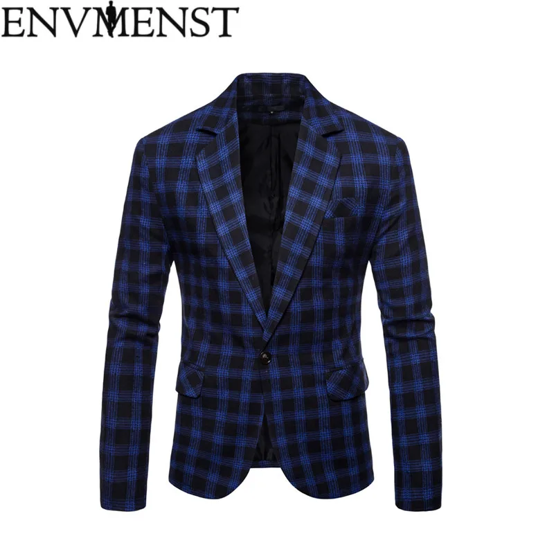 

Envmenst 2018 Autumn Casual Blazer Men Fashion Suits Coat Single Button Suit High Quality Men Plaid Jacket