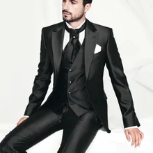 Последние конструкции пальто брюки Black Satin Жених Смокинги для женихов 3 предмета свадебное платье для выпускного вечера Костюмы дружки одежда(куртка+ Брюки для девочек+ жилет) TERNO