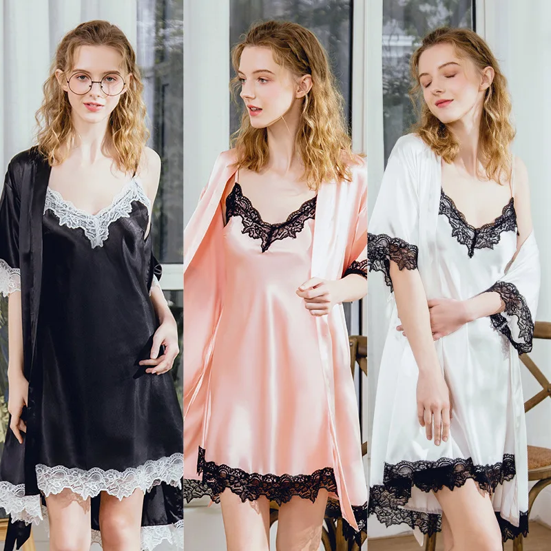 

Summer simulation silk pajamas sexy sling robe two-piece suit home service robe lingerie set womens tops and blouses silk set