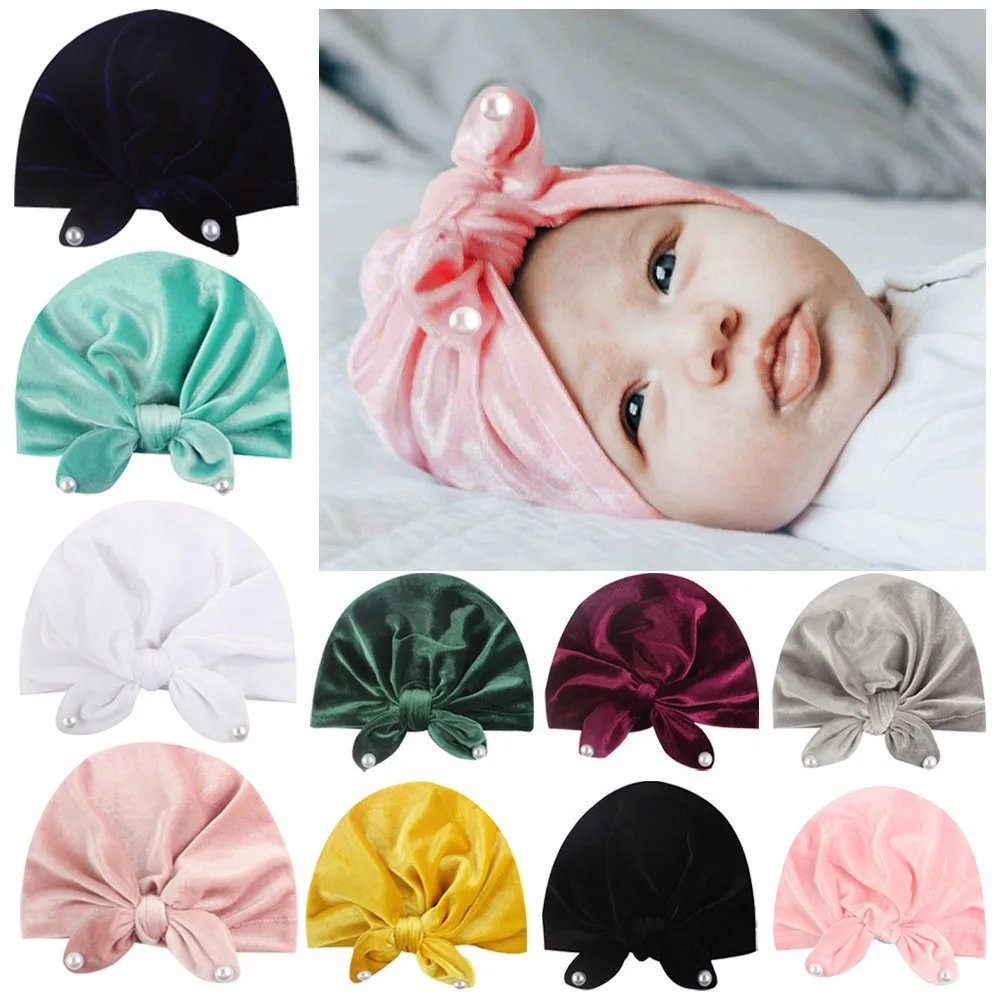 

New Baby Hat for Girls Velvet Baby Beanie with Pearls Autumn Winter Baby Photography Props Infant Turban Hats Kids Girl Cap