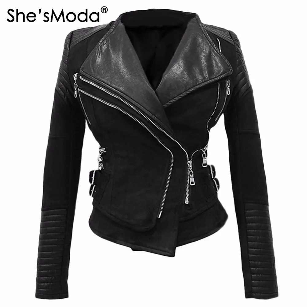 

She'sModa Faux Suede Padded Shoulder Leather Jacket for Women Slim Fit Double Zipper Coat Moto Biker Leather Jackets Black
