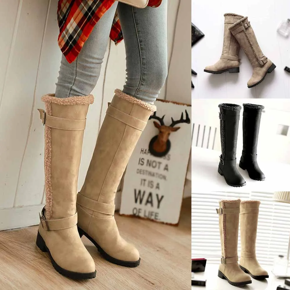 Motorcycle Boots Suede For Women Winter Boot Long Tube Stylish Mid Heels Warm Fur Knee-High Shoes Buckle Strap Riding Botas