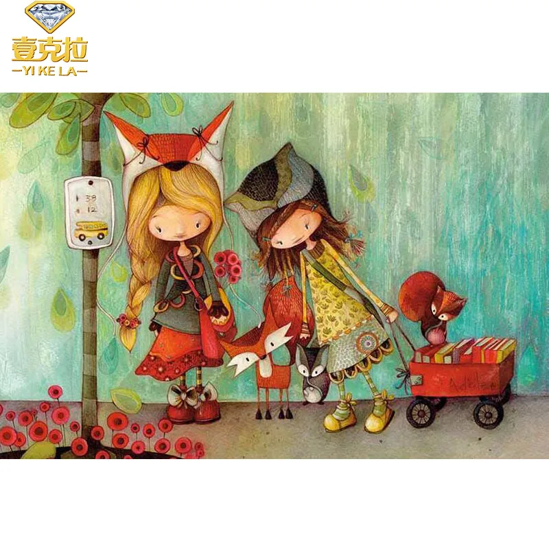 

YIKELA DIY Full Square Diamond Painting Two Girls and Fox Diamond Embroidery Cross Stitch Rhinestone Painting Home Decor Gifts