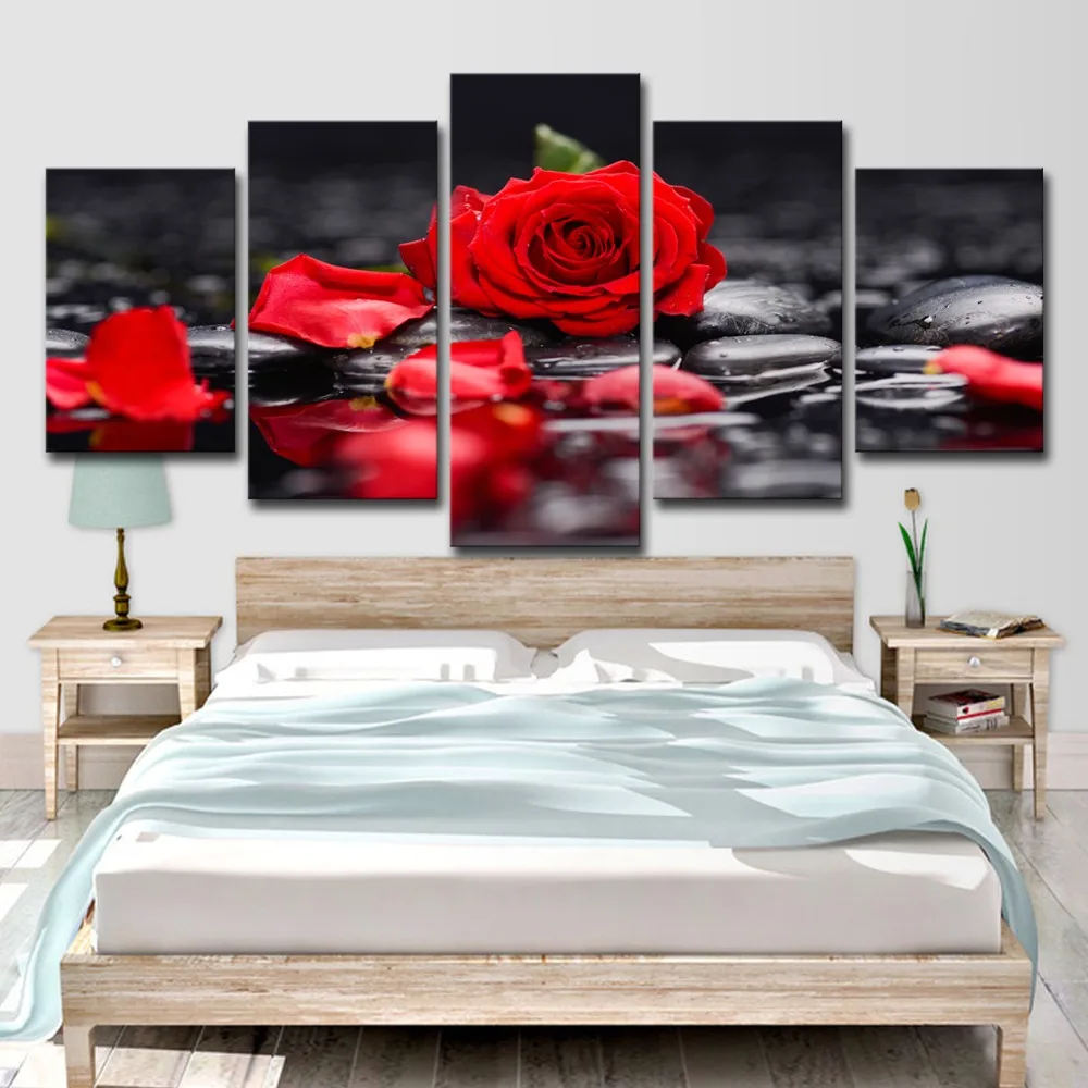 5P0155 Canvas Paintings Home Decor Living Room Wall Art 5 Pieces Red Rose Flowers Pictures Modular Prints Stone Petal Poster Framework (18) 