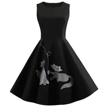 

Wipalo Plus Size 5XL Elegant Summer O-Neck Cat Embroidery Sleeveless Corset Retro Party Sundress Hepburn Vintage Women Dress