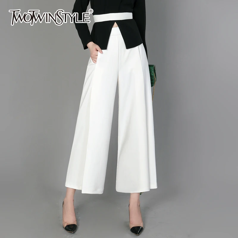 

TWOTWINSTYLE Split Wide Leg Pants Female High Waist Elastic Ruched Pocket Ankle Length Trousers Spring Summer Fashion OL Clothes