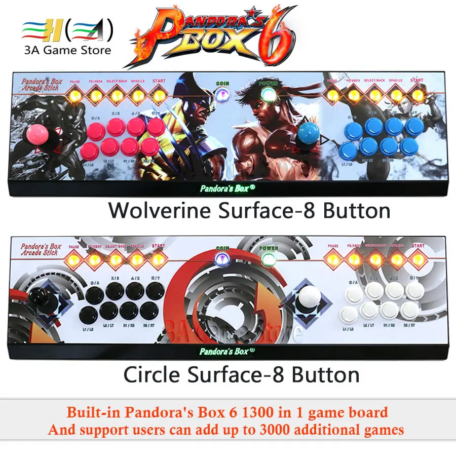 Pandora Box 6 1300 in 1 8 button Family 2 players joystick arcade console support add FBA MAME PS1 game can add up to 3000 games
