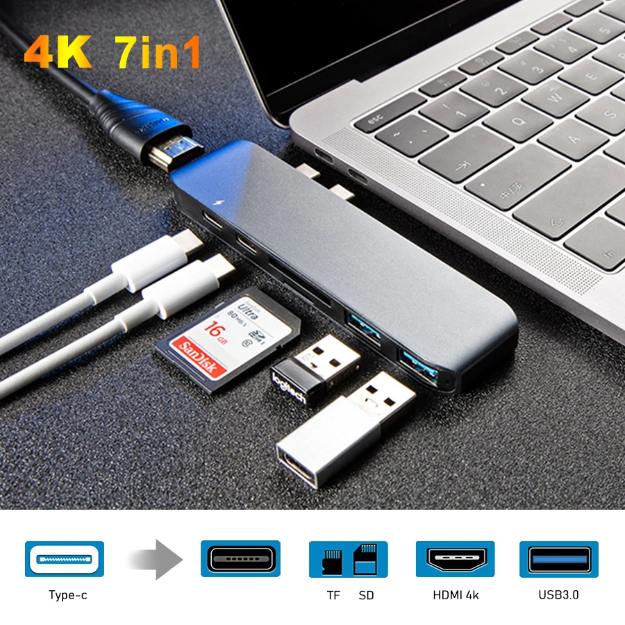 7 в 1 двойной порт Type-C USB C концентратор к HDMI многопортовый адаптер 4K Thunderbolt 3 0 с TF/SD