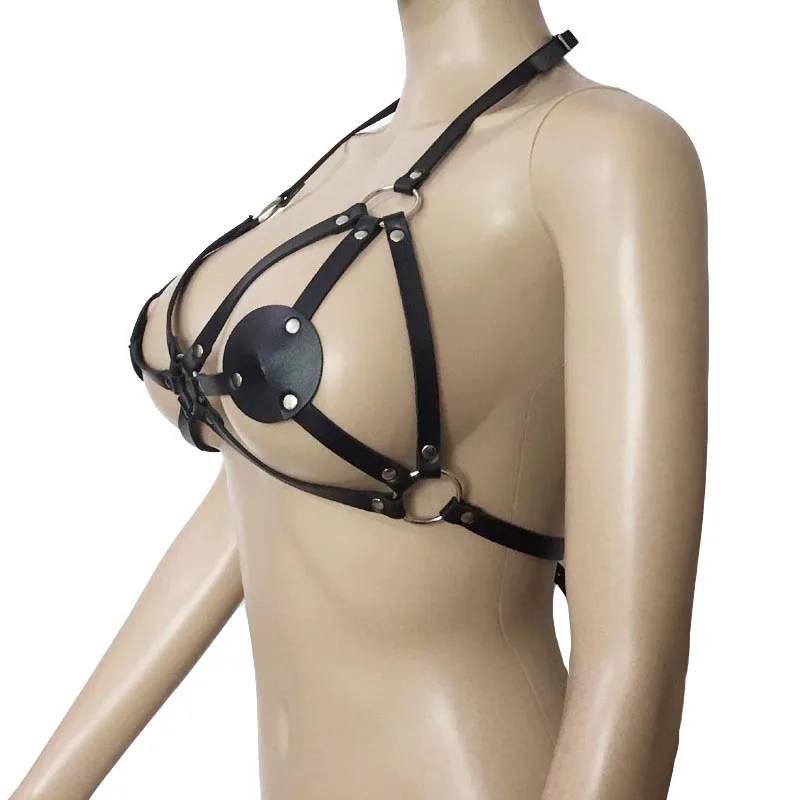 Black Women PU Leather Straps Breast Harness Bra Top Halter Open Cup Punk Fetish Wear