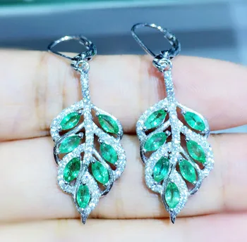 

Natural real emerald leaves drop earring Free shipping 925 sterling silver 0.2ct*14pcs gemstone Fine jewelry X80825