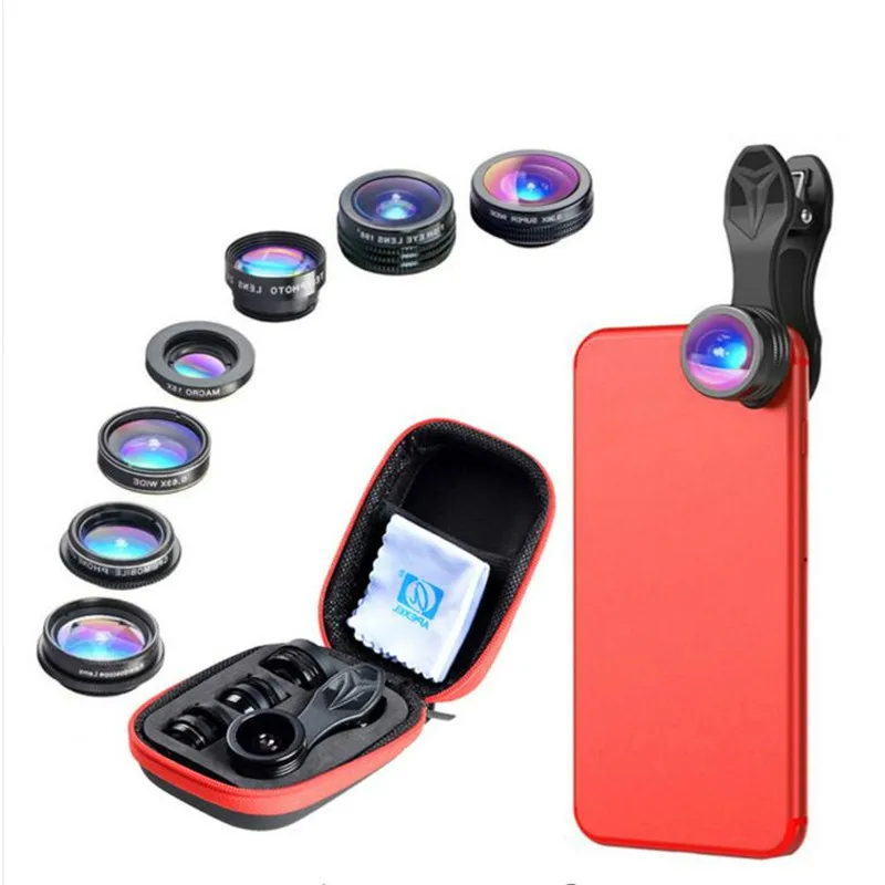 

APEXEL 7 in 1 Phone Lens Kit Fisheye fish eye super Wide Angle macro Lens CPL Filter Kaleidoscope and 2X zoom Lens for iphone LG