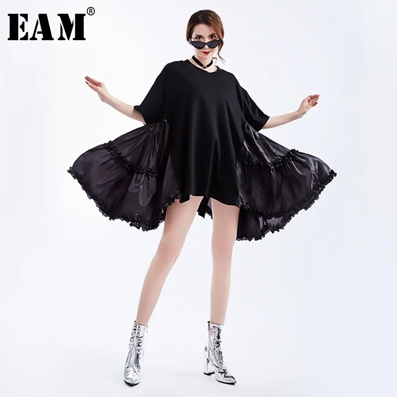 

[EAM] 2019 New Spring Summer Round Neck Half Sleeve Black Loose Big Size Ruffles Pleated Stitch Dress Women Fashion Tide JS791