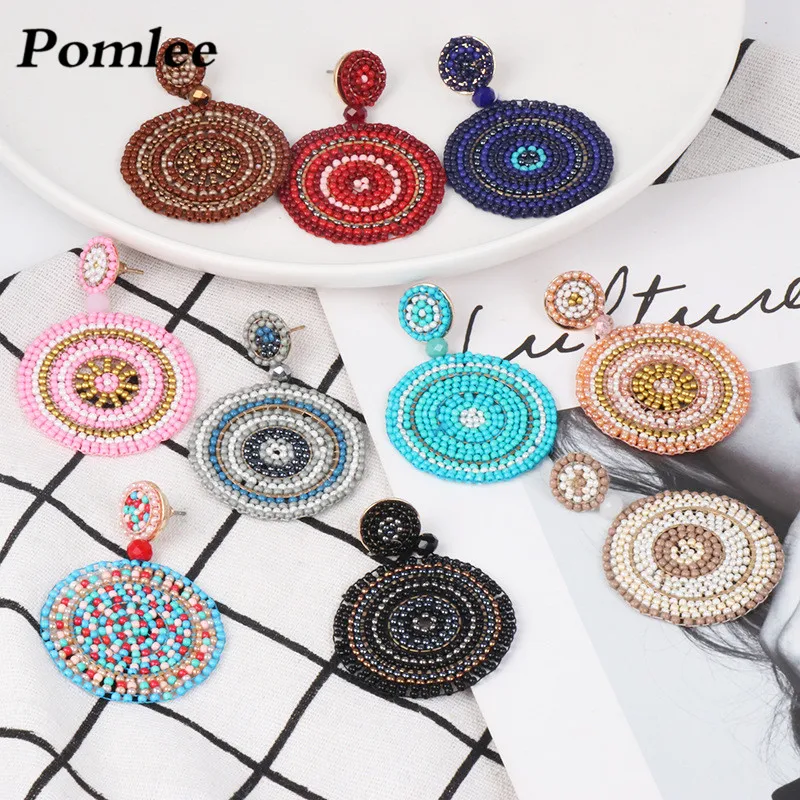 

Pomlee Layer Round Pendants Wedding Jewelry Drop Earrings Handmade Beaded Statement Earring for Women Female Bohemian Gifts