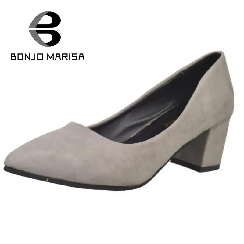 

BONJOMARISA Sexy Pointed Toe Women Pumps Solid Slip On Thick Heels Woman Shoes Fashion Black Gray Less Platform Shoes Women