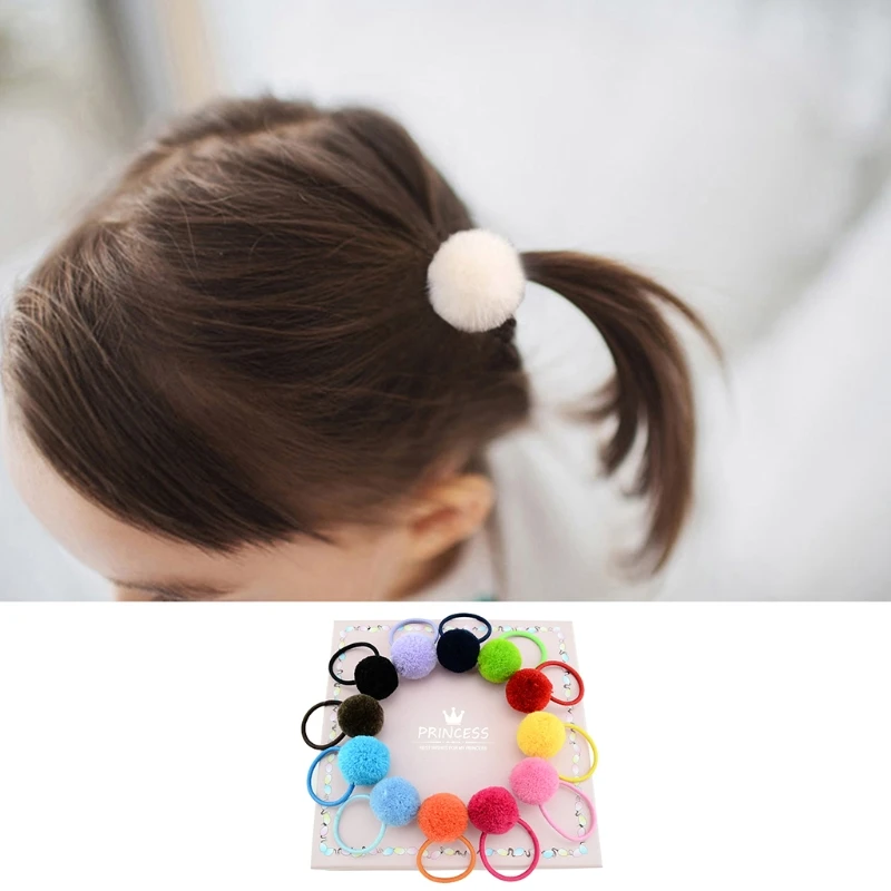 12Pcs Girls Kids Faux Fur Ball Hair Ties Ball Rope Ring Ponytail Holder 