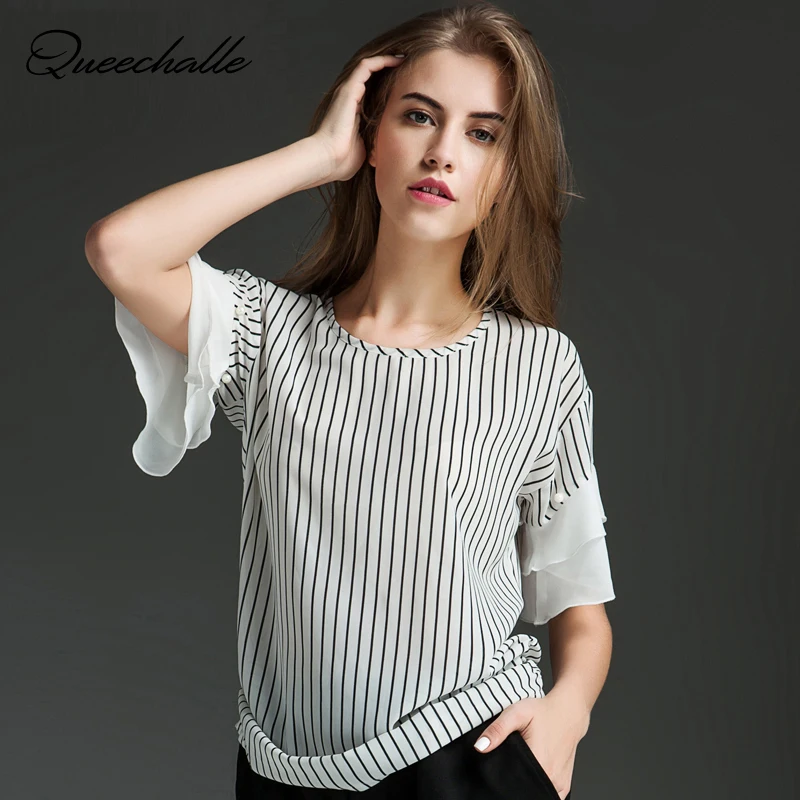 

Big Size Casual Chiffon Blouse Summer striped O neck flare sleeve loose ladies shirts L XL XXL XXXL 4XL 5XL Plus size women tops