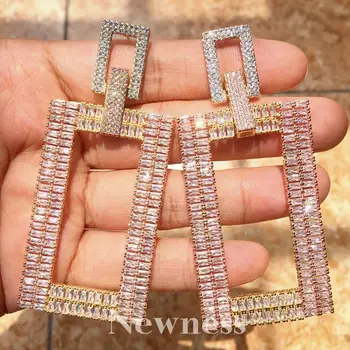 

Newness Luxury Two Prismatic Shape Dangle Shiny Cubic Zirconia Women Wedding Engagement Dress Big Earrings