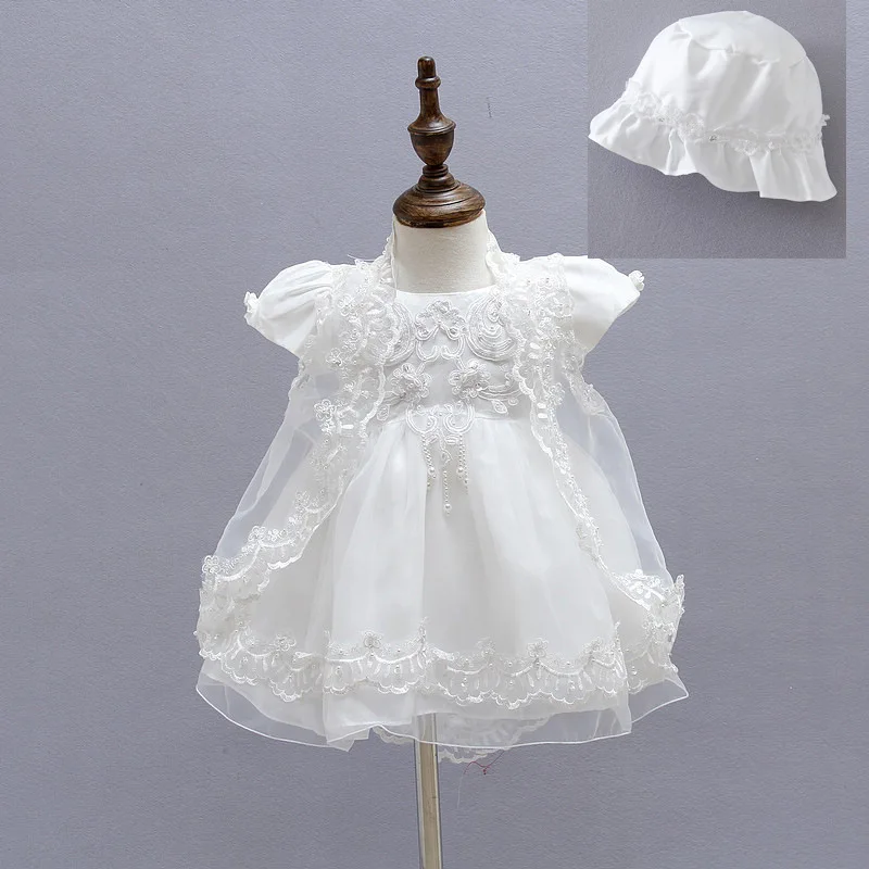 Hot WhiteBeige Baby Christening Dress + Gown + Hat Sets for Newborn Infant Girl Baptism1st BirthdayWedding
