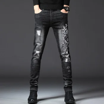 

Dragon Embroidery Denim Jeans Men Slim Fit Biker Zipper Fly Skinny Frayed Male Hole Pencil Pants Distressed Ripped Trousers