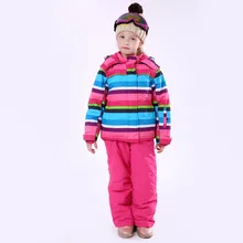 Зимние ветрозащитные лыжные куртки и штаны в полоску для девочек, детские лыжные костюмы, комплект одежды, теплый лыжный костюм для детей, костюм для девочек