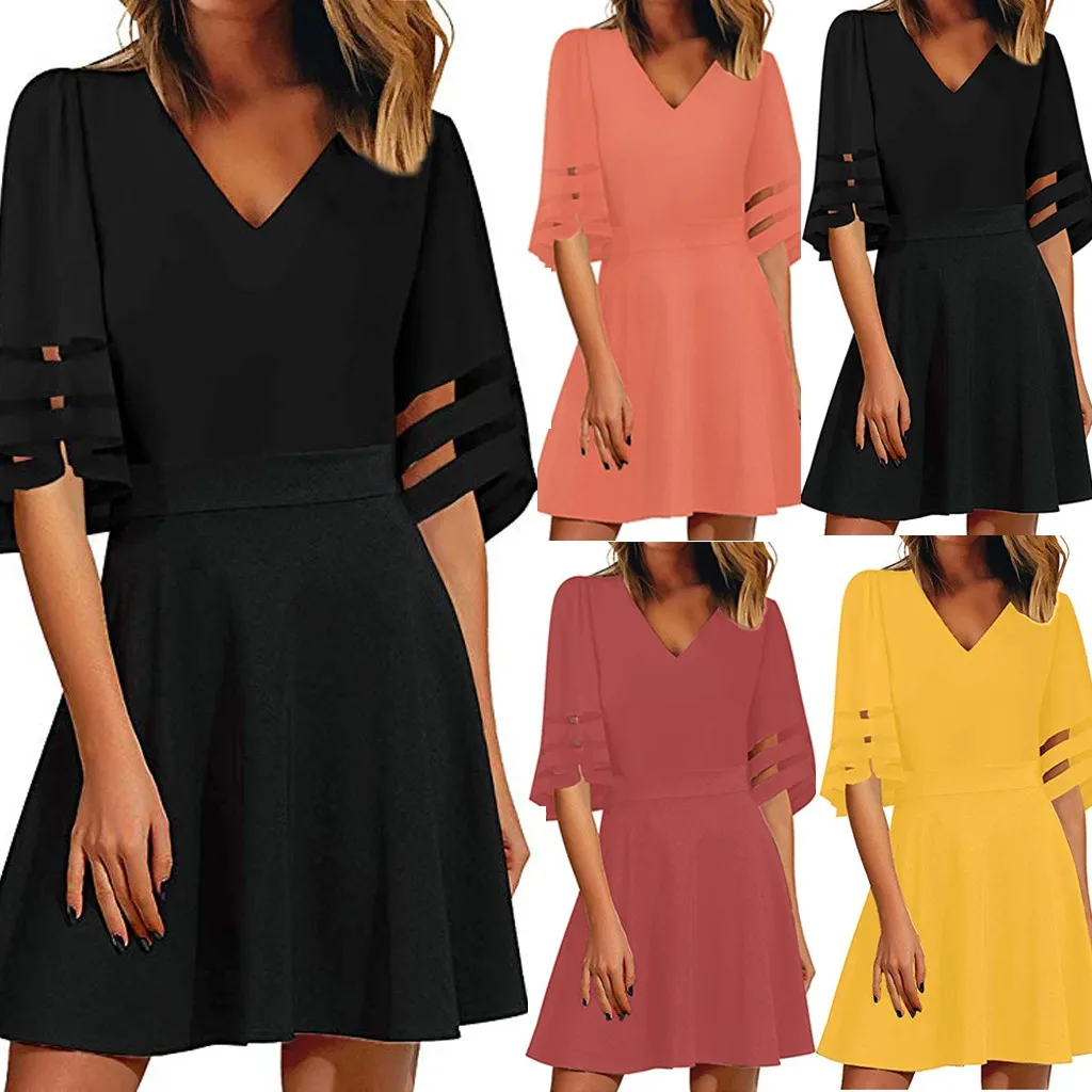 

Summer Women Dress 2019 Vintage Sexy Bohemian Fashion Women's V Neck Mesh Panel Blouse 3/4 Bell Sleeve Loose Dress S-2XL sales