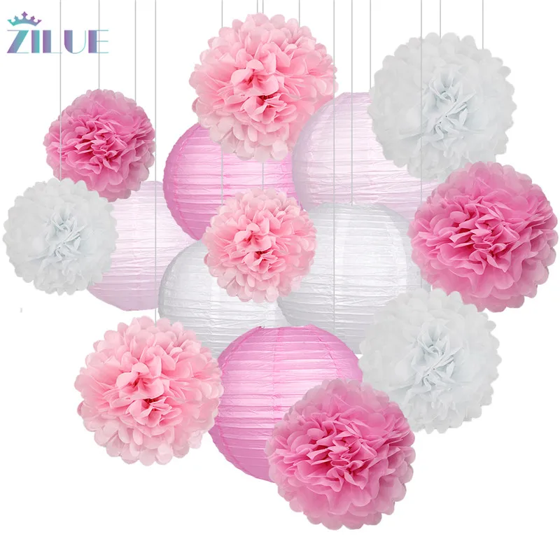 Zilue 15Pcs/Set Paper Flower Balls Poms Paper Honeycomb Balls Paper Lanterns Birthday Party Wedding Birthday Home Decoration