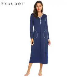 Ekouaer Для женщин с длинным рукавом рубашки пижамы Однотонная повседневная обувь V шеи два кармана длинная ночная женская Хлопковая сорочка