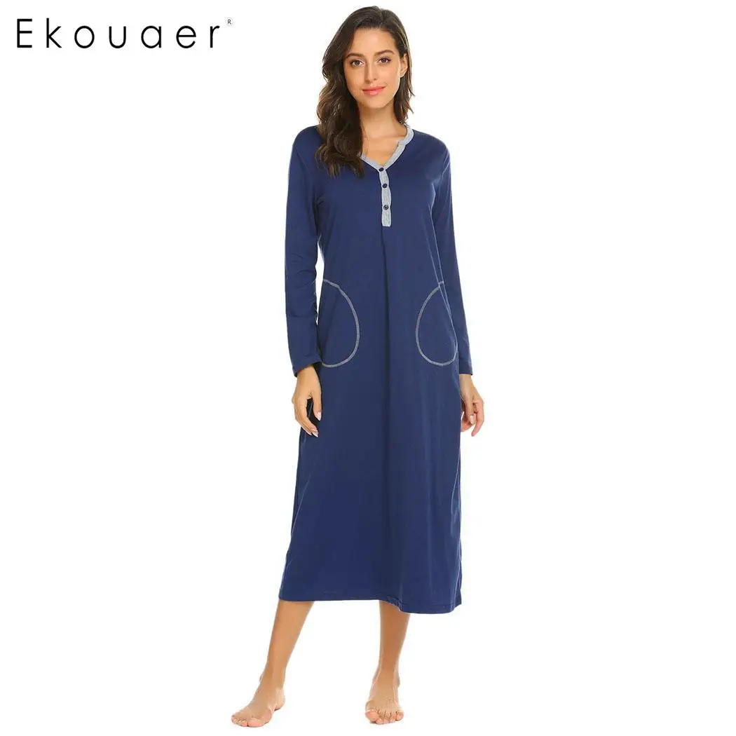 Ekouaer Women Long Sleeve Nightdress Sleepwear Solid Casual V Neck Two