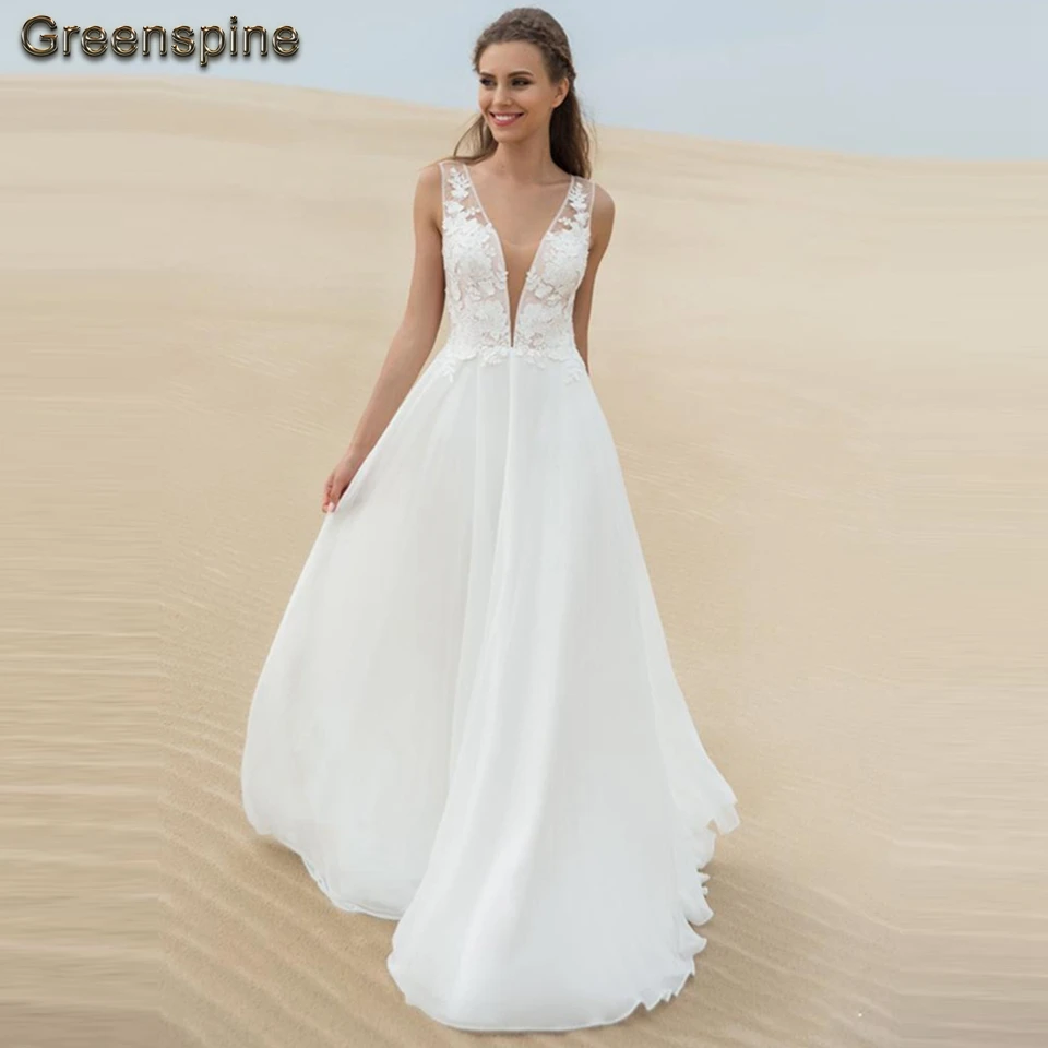 

Greenspine Chiffon Boho Wedding Dress 2019 Novia Sexy Women Beach Wedding Dresses Lace Appliques Bridal Gown Robe De Mariage